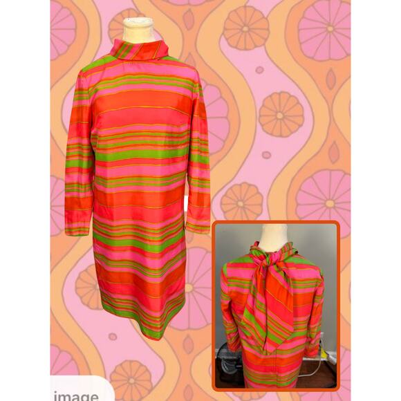 Vintage 60s Mod Striped Scarf Neckline Neon Color Silk Shift Dress Size L - Picture 3 of 6